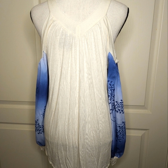 Cream & Blue Cold Shoulder Blouse - Picture 3 of 6